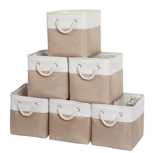 11 x 11 Inch Storage Cubes, 6 Pack Large Collapsible Fabric Storage Bin with Ropes, Foldable Storage Cubes for Home, Office,Closet, Clothes, Toys Organizer (White&Beige) - color: White&Beige, size: Cube - 11 x 11 x 11 inches (6 Pack)