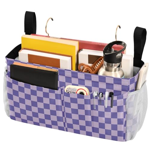 Purple Checkerboard Print Bedside Caddy Storage Bag Bedside Organizer for Bunk Bed Headboards College Organizer Caddy Hanging Shelf 6 Pockets with Hooks for Drinks Magazine Phone Holder - color: Checkerboard Purple