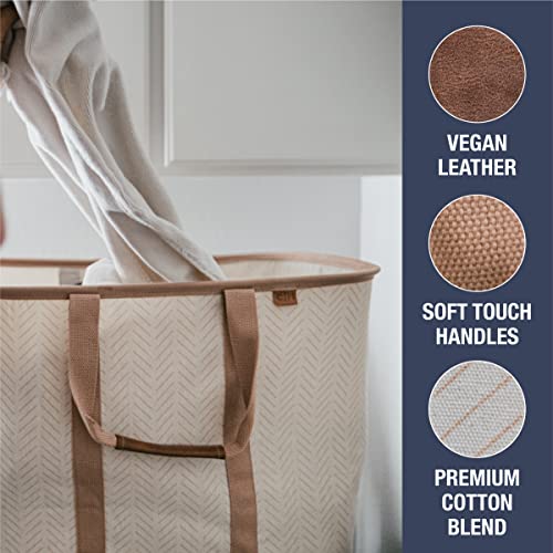 CleverMade Collapsible Laundry Tote 2-Pack (50L) – Foldable Carry-All Storage Bin for Laundry, Car Trunk, RV, Dorm & Home Organization – LUXE Cotton Blend with Vegan Leather Accents, Cream - color: LUXE Cream Herringbone