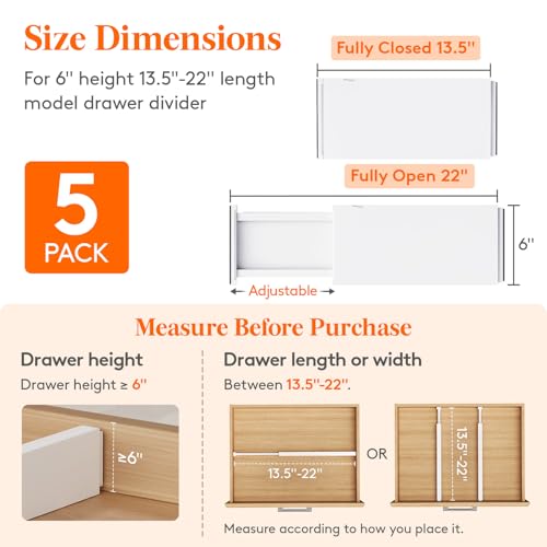 Lifewit 5 Pack 6" High Drawer Dividers 34-56cm/13.5-22" Adjustable Drawer Organizer for Clothes/Utensils, Expandable Drawer Separator in Dresser/Kitchen/Bedroom/Office Organization & Storage White - size: 6"H, 13.5-22"L