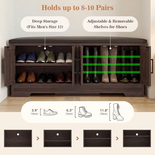 Farmhouse Shoe Storage Bench with Cushion - 43.3" Entryway Bench with Storage & 4 Barn Doors, 2-Tier Wooden Shoe Rack Bench, Shoe Cabinet & Mudroom Bench for Bedroom Hallway Living Room, Black Walnut - color: Black Walnut