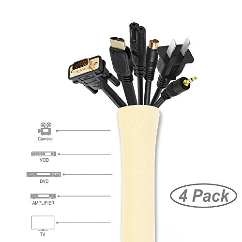 JOTO 4 Pack Cable Management Sleeve, 19-20 Inches Cord Organizer System with Zipper for TV Computer Office Home Entertainment, Flexible Cable Sleeve Wrap Cover Wire Hider System -Beige - color: Beige, size: 4 Pack, 20 Inch