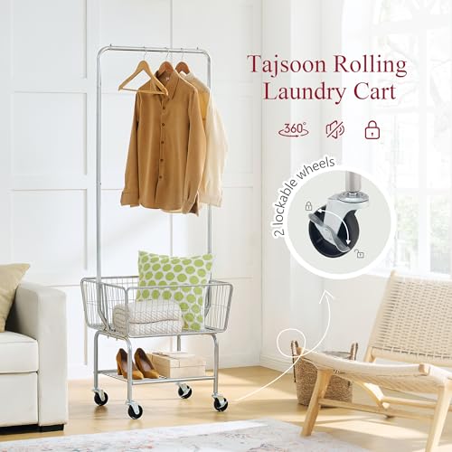 Tajsoon Laundry Cart with Hanging Rack, Metal Rolling Laundry Cart with Wheels and Storage Basket, Silver - color: Silver