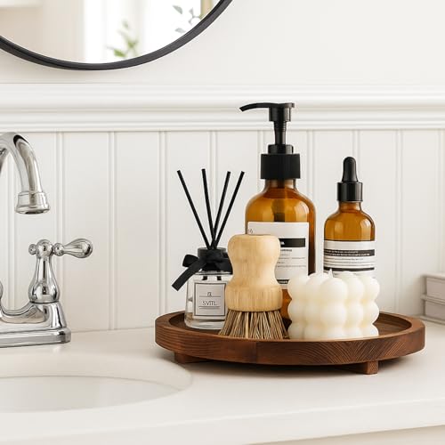 Round Decorative Wooden Tray for Bathroom Sink Kitchen Counter Decor Trays Small Wood Riser Pedestal Stand Dining Coffee Table Trays Vanity Spa Bathroom Accessories for Soap Dish Perfume Candle Tray - color: Dark Brown, size: 10 inch