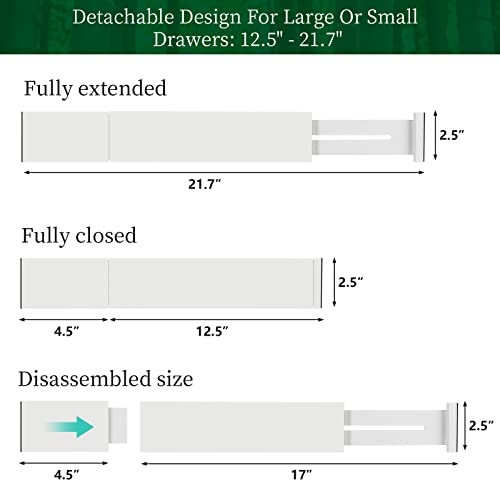 4 Pack Bamboo Kitchen Drawer Dividers with Inserts 2.6" High, Adjustable from 12.5 Inch to 21.7 Inch Drawer Organizers, Expandable Drawer Separators for Clothes, Bedroom, Dresser, Office (White) - color: White, size: 12.5-21.7 Inches