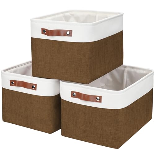 Bagnizer Storage Bins Large Fabric Storage Baskets for Shelves 3 Pack, Decorative Linen Closet Baskets with Handles for Organizing, Shelf, Clothes, Home, Office, 15x11x9.5Inches (Brown&White) - color: Brown / Off-White, size: Large -15"x11"x9.5"
