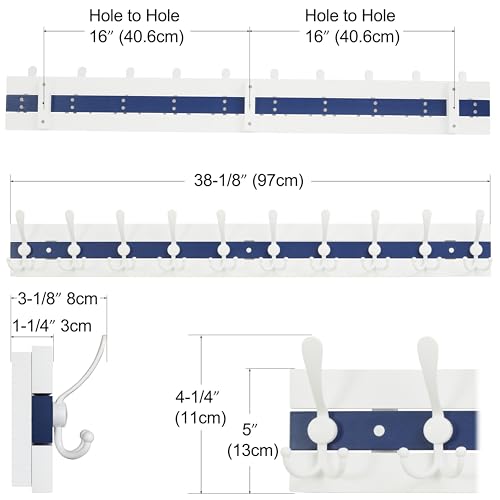 SKOLOO Coastal Wall Mounted Coat Rack - 38-1/8" Beach House Entryway Wooden Coat Hook with 10 Hooks for Hanging Coats, Hats or Towels, Oceanfront Cottage Core Collection, White & Blue - color: Blue & White Plates & White Hook, size: 1 Item-10 Hooks