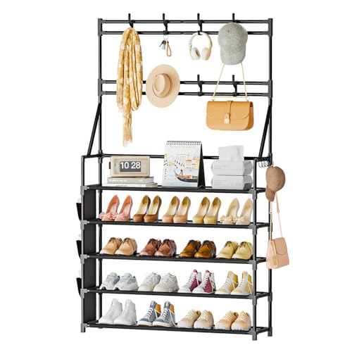 OYREL Shoe Rack 5 Tier Shoe Racks Organizer 20-25 Pairs Shoes Rack for Closet Entrance Shoe Storage Organizer with Hooks and Side Pocket Entryway Shoe Holder Space Saving Free Standing Shoe Racks - color: Black, size: 5 Tier
