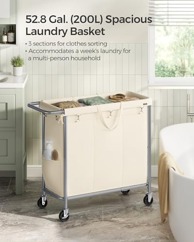 SONGMICS Laundry Basket with Wheels, 3-Section Rolling Laundry Hamper, 52.8 Gallons (200 L), Removable Liner, Steel Frame with Handle, 35.8 x 15.4 x 31.9 Inches, Cream White URLS005W01 - color: Cream White, size: 200 L (3-Section), style: Rectangular with