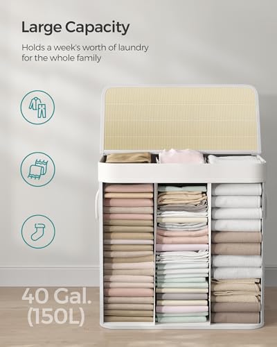 SONGMICS Laundry Hamper, 39.6 Gallons (150L), 3-Section Laundry Basket, Laundry Hamper with Lid, Bamboo, Foldable, Removable and Machine Washable Liner, for Laundry Room, Bedroom, White ULCB091W01