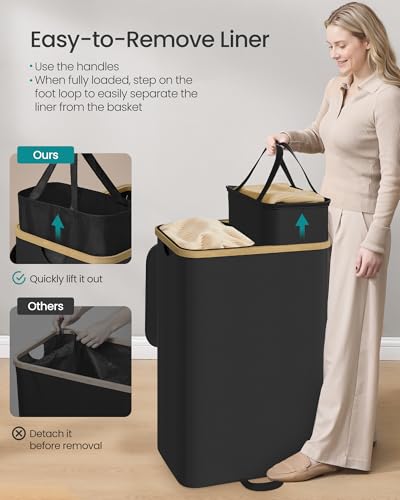 SONGMICS Laundry Hamper, Laundry Sorter with Lid, Storage Basket Bin, Removable Liners, Bamboo Frame, for Bedroom, 2 Sections, 39.6 Gal. (150 L), Ink Black ULCB532BH01 - color: Ink Black, size: 150 L (2-Section)
