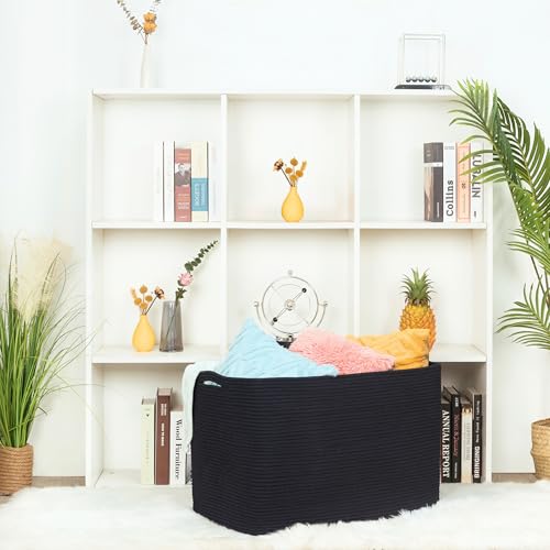 MINTWOOD Design 112L Extra Large Blanket Basket Holder Living Room, 25"x17"x16" Rectangle Rope Woven Storage Basket with Handles for Laundry, Pool Towels, Shoes, Dog Toy Organizer Bin Box, Black - color: Black