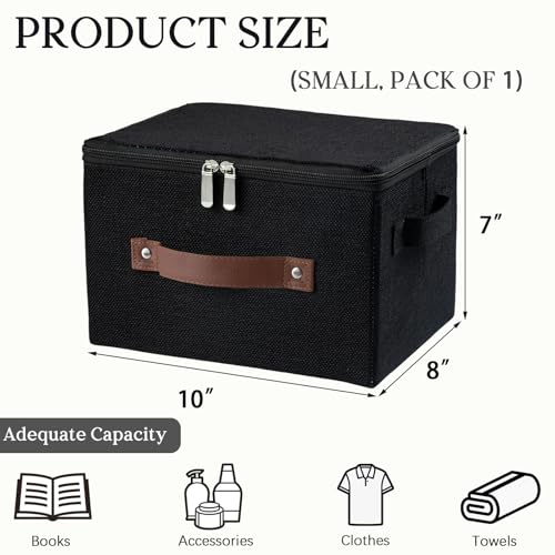 Storage Bins with Zipper Lid Foldable Fabric Lidded Storage Boxes Baskets Cubes Washable Collapsible PU Leather Handle Cotton Linen Fabric Shelf Closet Organizer Container(Black, Small Size) - color: Black, size: Small ( Set of 1 )
