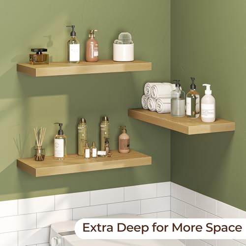 Fun Memories Floating Shelves for Wall 24 Inch Set of 3, Farmhouse Floating Shelves with Invisible Heavy Duty Bracket, 10 Inch Deep Bathroom Shelves for Storage, Living Room, Kitchen, Decor, Oak - color: Oak, size: 24"W x 10"D - 3P