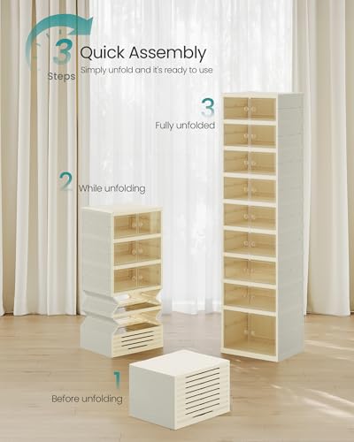 SONGMICS Foldble Shoe Storage Organizer for Closet, Stackable Sneaker Cabinet with Magnetic Door, Large Plastic Container Bins for Living Room, Entryway, 9-Tier for 18 Pairs, Cream White ULSP918WD01 - color: Cream White, size: 9 Tiers (18 Pairs)
