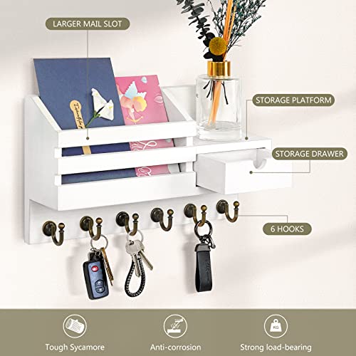 FifthQuarter Key Holder Wall Mount: Key and Mail Holder for Wall with 6 Hooks and Storage Drawer, Easy Installation Key Rack for Entryway Home Decor (A-White) - color: A-White