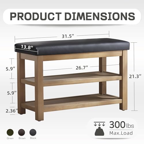 Zihanhome Shoe Rack Bench with Leather Cushion, 2 Tier Solid Wood Storage Bench, Mid-Century Modern Shoe Bench for Entryway, Hallway, Closet, Front Door Entrance, Foyer (Black, 31.5) - color: Black, size: 31.5"