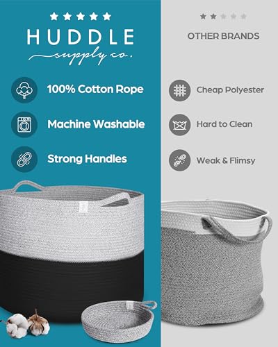 XXXXL WASHABLE 125L Extra Large Durable Soft Blanket Basket, Woven Decorative Cotton Rope Basket with Handles for Laundry, Living Room, Baby Toy Nursery Storage Organization Bin 24" x 17" (Black/Grey) - color: Black & Grey, size: Jumbo