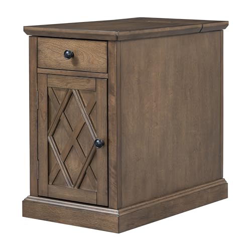 Multifunctional Classic Vintage End Table with USB Ports and 1 Drawer with Cup Holders, Sofa Side Narrow Table with Storage, Bedside Nightstand for Living Room Bedroom (Antique Brown-4.3) - color: Antique Brown-4.3