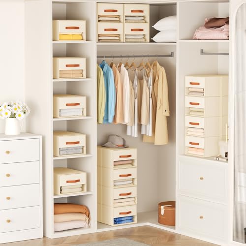 DIMJ Closet Organizers and Storage - Pull-out Fabric Bins with Drawers for Closet Foldable Clothes Organizers with Clear Window, Stackable Storage Drawers for Bedroom,Living Room,Shelf,4-Pack, Beige - color: Beige, size: 4 Pack