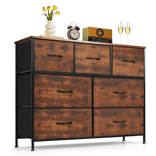 7-Drawer Dresser for Bedroom, Anti-Tip Wide Storage Organizer Fabric Chest of Drawers TV Stand for 45" TV with Wooden Top and Metal Frame for Closet, Living Room, Hallway, Entryway, Brown - color: Brown, size: 11.8"D x 39.3"W x 30.3"H (7 Drawers)