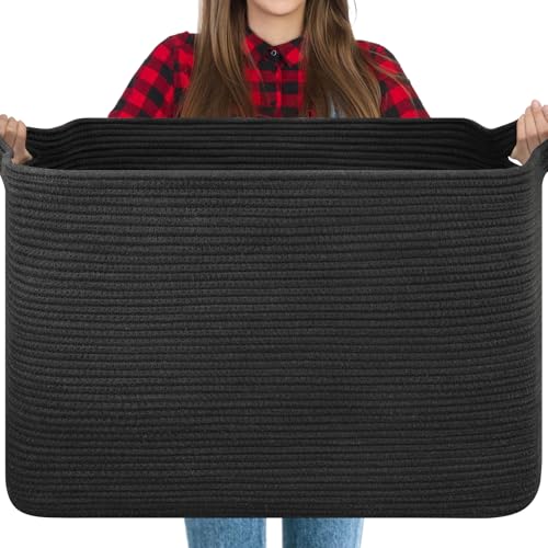 OIASKET 118L Extra Large Blanket Basket, 24.8"x17.7"x16.2" Woven Rope Baskets for Storage, Nursery Blanket Storage for Living Room, Toy Basket with Handle Organizing Comforter Cushions Pillows, Black - color: Black