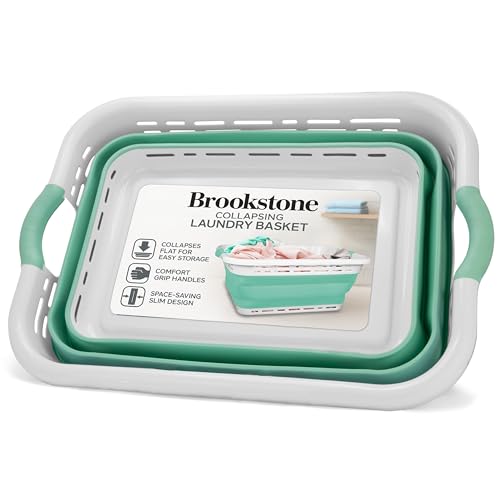 BROOKSTONE 11 GALLON XL 24" Collapsible Laundry Basket & Clothes Hamper, Comfort Non-Slip Handles, Modern Laundry Hamper with Space Saving Design, Portable Pop-Up Hamper, BPA FREE, Mint Retail, 1 Pack - color: Mint with Retail Packaging, size: XL