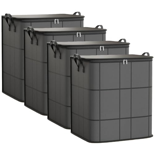 4 Pack Large Clothes Storage Bags, Comforter Storage organizers with lid, Clothing Storage Bins with Reinforced Handles, Sturdy Zippers, for Clothes & Bedding