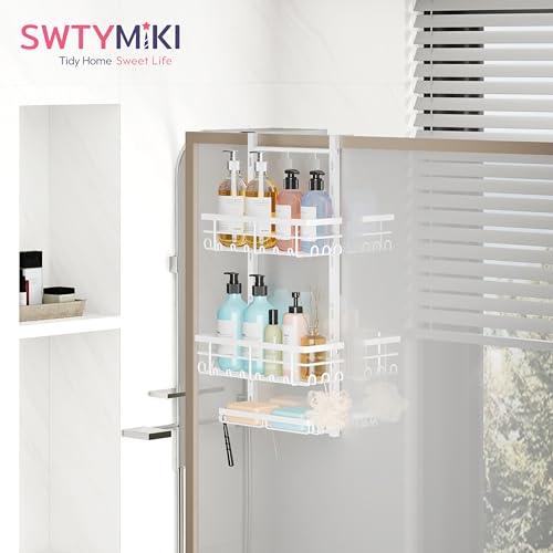 SWTYMIKI Over The Door Shower Caddy - 3 Tier Rustproof Hanging Shower Organizer with Adjustable Shelves, 28 Hooks & Soap Holder, Hanging Shower Rack Storage for Bathroom Accessories, White - color: White-3 Tier