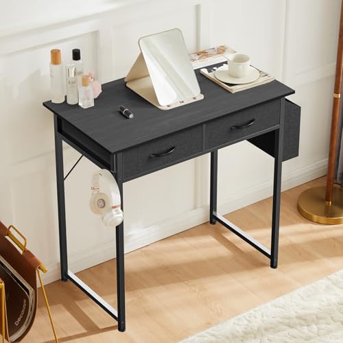 DUMOS 32" Home Office Computer Desk with Drawers, Small Gaming Writing Study Table with Storage Side Bag, Headphone Hook and Adjustable Feet for Bedroom Black - color: Black, size: 32-In