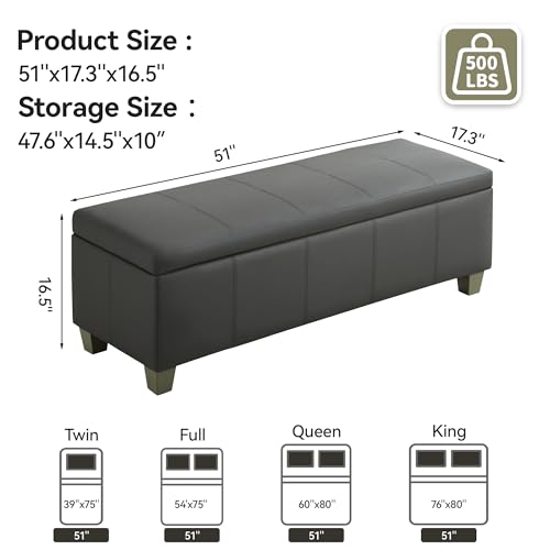 WUTUTUEE 51" Faux Leather Storage Ottoman, Stitch Tufted Rectangle Upholstered End of Bed Storage Bench, Entryway Large Couch Ottoman with Wooden Legs,Dark Grey - color: Dark Grey, size: 51 Inch