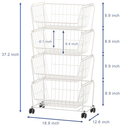 PUSDON 4-Tier Large Stackable Wire Storage Baskets with Wheels, Metal Rolling Utility Cart Organizer, Produce Basket for Kitchen Pantry, Floor Shelf, Classic White - color: White, size: 4 Tier Plus