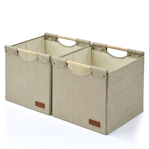 KAKAMAY Collapsible Cube Storage Bins 15x13x13 Inches Khaki 2-Pack, Foldable Storage Organizer Wooden Handles Fabric Baskets for Living Room Shelves, Bedroom Nursery Closet Toys, Clothes, Laundry - color: Khaki