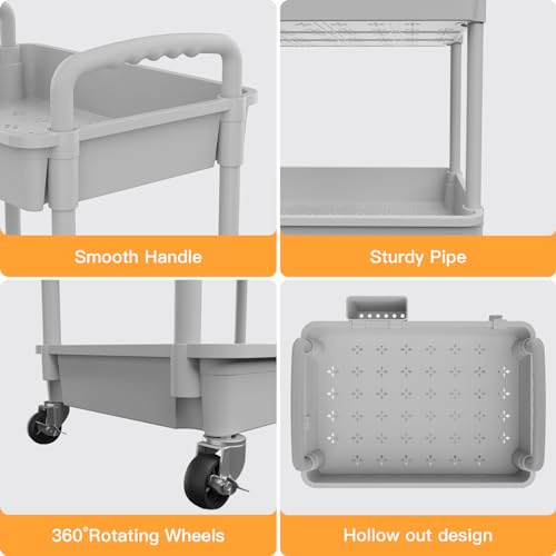 3 Tier Rolling Utility Cart with Handle,REBECAT Utility Cart Made of Multifunctional Storage Organizer Tool for Kitchen,Bathroom,Living Room,Office(Gray) - color: Gery