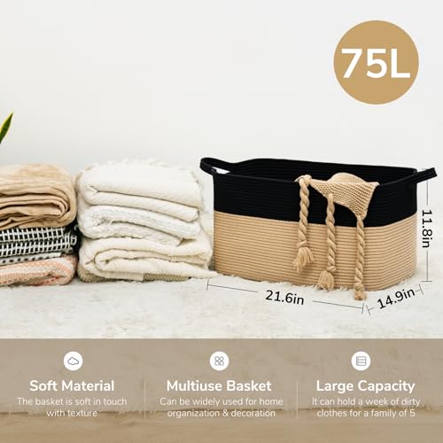 Goodpick Large Woven Storage Basket, 21.6" x 14.9" x 11.8" Rectangle Cotton Rope Laundry Basket with Handles, Baby Toy Blanket Storage for Living Room, Bedroom - color: Black Camel, size: Large(21.6"L x 14.9"W x 11.8"H)