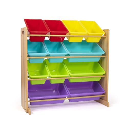Humble Crew Kids Toy Storage Organizer with 12 Plastic Bins, Natural Wood/Rainbow – Removable Bins for Playroom, Bedroom, Toddler Furniture for Boys and Girls Ages - color: Rainbow/Natural Wood