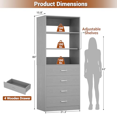 Aheaplus Closet Drawers Organizer System, 21.3" Wood Closet System with 4 Drawers, Modular Walk-in Closets Storage Unit, Tall Bookshelf Storage Cabinet, Grey - color: Grey