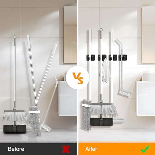4 Pack Stainless Steel Broom Holder Wall Mount with Hook, Screw Drilling Broom and Mop Organizer Wall Hanging, Heavy Duty Storage Rack for Laundry Garage Closet Garden Tool Organizer, Black - color: D-Black, size: 4PCS Gripper