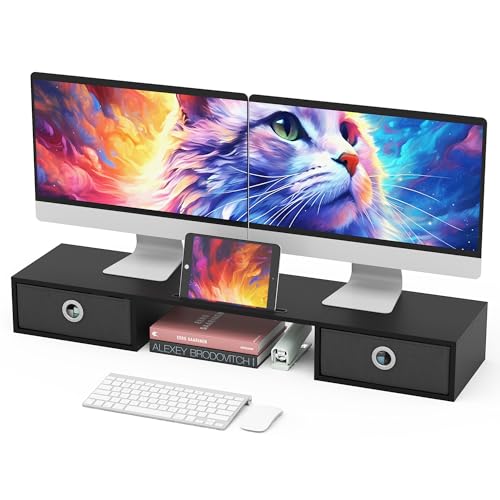 WESTREE Dual Monitor Stand Riser with Two Drawers, Extra Large Storage Monitor Stand for 2 Monitors, Desktop Oraganizer Stand for Computer,Laptop,Screen,Printer,TV - color: Black