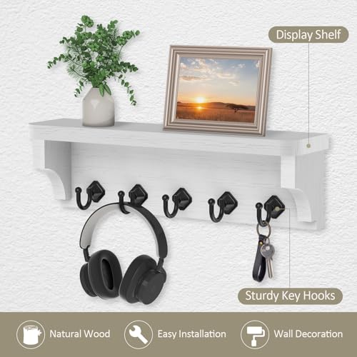 Nekon Key Holder for Wall, 11.8" W x 3.5" H x 2.8" D Decorative Key Organizer with Floating Shelf, Wall Mount Key Rack with 5 Hooks (Rustic White) - color: Rustic White