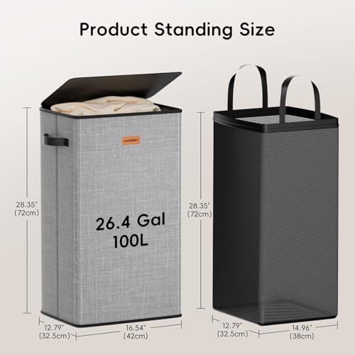 100L Laundry Hamper with Lid, Large Clothes Hampers with Removable Bag, Collapsible Laundry Basket for Bathroom, Bedroom, Laundry Room, Dorm, Grey - color: Grey, size: 100L - 1 Section