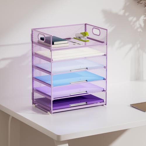 Marbrasse 6 Tier Paper Organizer Letter Tray - Mesh Desk File Organizer with Handle, Paper Sorter for Letter/A4 Office File Folder Holder - Purple - color: 6 Tier - Purple