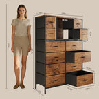 58.7" H Dresser for Bedroom with 12 Fabric Drawers & LED Lights, Anti-Tips Chest of Drawers with Open Shelves for Small Space, Living Room, Storage Organizer with Steel Frame, Wood Top, Rustic Brown