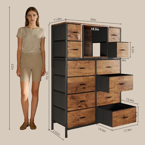 58.7" H Dresser for Bedroom with 12 Fabric Drawers & LED Lights, Anti-Tips Chest of Drawers with Open Shelves for Small Space, Living Room, Storage Organizer with Steel Frame, Wood Top, Rustic Brown