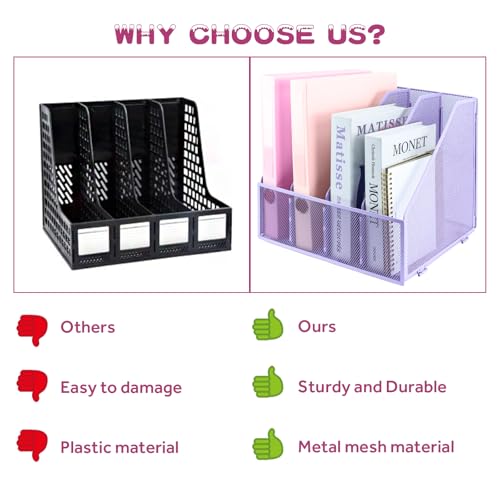 Desk Organizers, Metal Magazine File Holder with 4 Vertical Compartments Rack Binder File Organizer for Office Supplies, Home Workspace - Purple - color: Purple, size: 4 Compartments