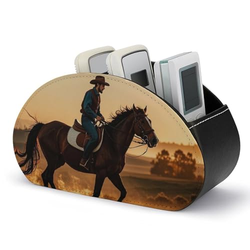 PU Leather Remote Control Organizer Box 5-Slot Multifunctional Cowboys Riding Horses Storage Holder for TV/DVD/Accessories Stylish Desk Decor for Living Room, Bedroom, Office - color: Cowboys riding horses