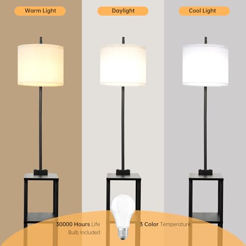 Qupui Floor Lamp with Table, Narrow Side Table with USB-A/USB-C Charging Station and AC Port, 3 Color Temperatures 12W LED Bulb, End Table for Bedroom, Living Room and Home Office, Black - color: Black