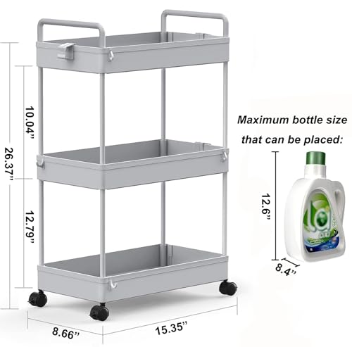 SOLEJAZZ 3 Tier Rolling Storage Cart with Wheels Slim Craft Nail Makeup Snack Art Baby Utility Cart Organizer on 2 Lockable Wheels for Bathroom Laundry Room Kitchen Bedside Narrow Spaces, Gray - color: Grey, size: 3-Tier, 8.66"D