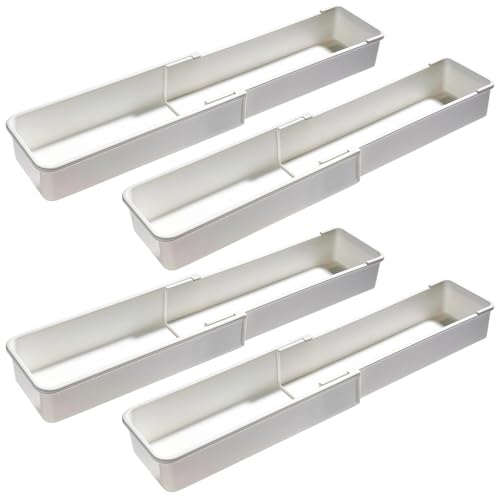 4 Pcs Adjustable Drawer Organizers, Extendable Plastic Dividers for Kitchen, Bathroom, Office Utensil, Cutlery, and Office Supply Storage, White Tray Set