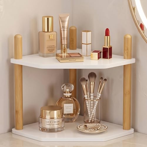 2-Tier Expandable Bamboo Corner Shelf - Dish/Plate Organizer for Cabinet, Kitchen Counter Shelf & Small Kitchen Shelf, Adjustable (6.7" H-White, 2-Tier) - color: 6.7"H-White-2